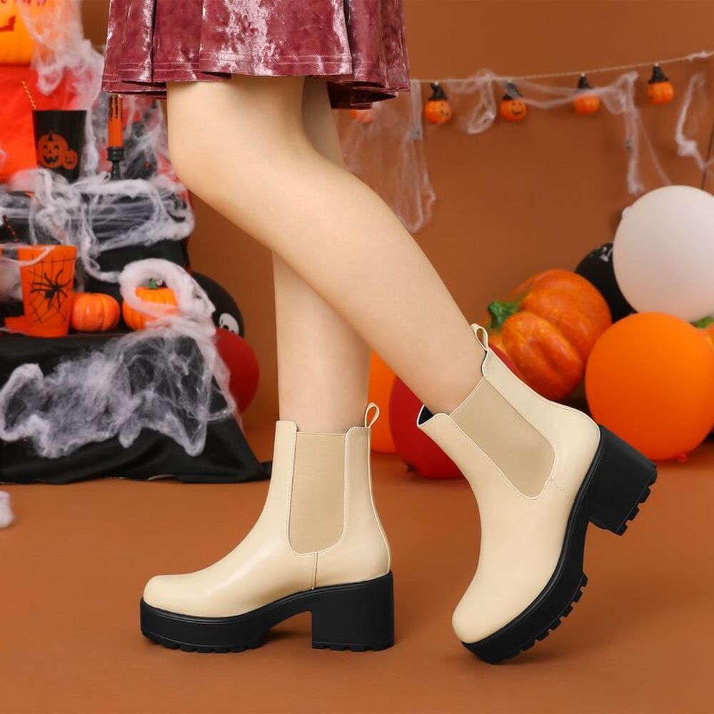 Platform Chunky Ankle Boot Beige Combat Boots - Picture 2 of 6